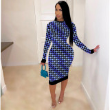 Plus Size 4XL Houndstooth Print Long Sleeve Midi Dress SFY-208