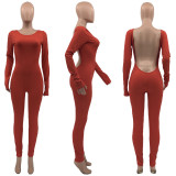 Sexy Solid Color Long Sleeve Backless Jumpsuit JCF-7040