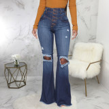 Plus Size Denim High Waist Hole Flared Jeans HSF-2392