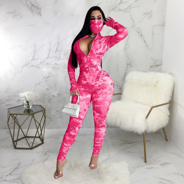 Sexy Tie Dye Zipper Long Sleeve Jumpsuit With Mask SMR-9870