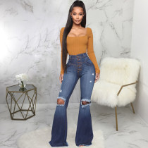 Plus Size Denim High Waist Hole Flared Jeans HSF-2392