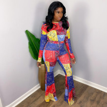 Colorful Printed Long Sleeve Flared Pants 2 Piece Sets ABF-6647