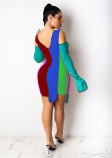 Color Block Bandage Cold Shoulder Irregular Dress SXF-1194