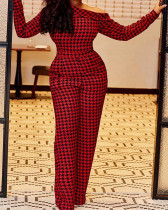 Houndstooth Print Long Sleeve One Piece Jumpsuit MEI-9133