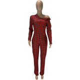 Houndstooth Print Long Sleeve One Piece Jumpsuit MEI-9133