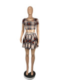 Plaid Print Crop Top Pleated Mini Skirt 2 Piece Sets CHY-1292