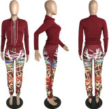 Plus Size Bandage Long Sleeve Top And Print Pants Two Piece Set MN-9277