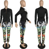 Plus Size Bandage Long Sleeve Top And Print Pants Two Piece Set MN-9277