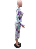 Long Sleeve Tie-dye Print Sexy Midi Dress YIBF-6013