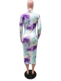 Long Sleeve Tie-dye Print Sexy Midi Dress YIBF-6013