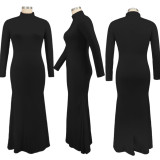 Plus Size 5XL Solid Color Long Sleeve Round Neck Maxi Dress BMF-056