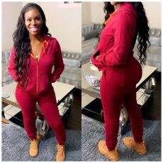 Plus Size Casual Solid Hooded Zipper Two Piece Sets CQ-093