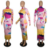 Plus Size Casual Map Print Long Sleeve Slim Long Dress YIY-5253