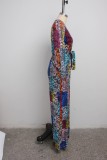 Multicolor Printed V Neck Long Sleeve Jumpsuit SMR-9934