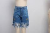 Plus Size Denim Butterfly Embroidery Tassel Jeans Shorts HSF-2374