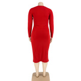 Plus Size 5XL Solid Color Long Sleeve Skinny Bodycon Midi Dress Without Belt OSIF-20972