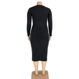 Plus Size 5XL Solid Color Long Sleeve Skinny Bodycon Midi Dress Without Belt OSIF-20972
