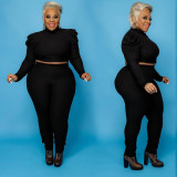 Plus Size 5XL Solid Ribbed Two Piece Pants Set WAF-7138
