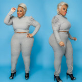 Plus Size 5XL Solid Ribbed Two Piece Pants Set WAF-7138