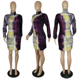 Casual Printed Long Sleeve Mini Dress YIY-5257