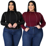 Plus Size 5XL Solid Ribbed Long Sleeve Pullover Tops ASL-7011