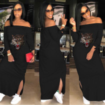 Off Shoulder Sequin Tiger Head Print Slit Dress QYF-5038