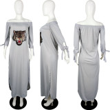 Off Shoulder Sequin Tiger Head Print Slit Dress QYF-5038