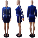 Casual Velvet Zipper Long Sleeve Mini Skirt 2 Piece Sets LSL-6022