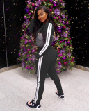 Splice Long Sleeve Hooded Top And Pants Casual Two Piece Set TCF-053