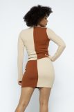 Fashion Splice Long Sleeve Mini Skirts Two Piece Set ANNF-6040