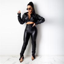 Fashion Solid Color PU Leather Long Sleeve And Pants Ruched Suit FENF-055