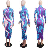Sexy Printed Turtleneck Full Sleeve Slim Long Dress LSL-6183