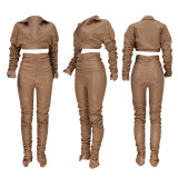 Fashion Solid Color PU Leather Long Sleeve And Pants Ruched Suit FENF-055
