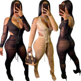 Sexy Mesh Ruched Halter Top And Pants Two Piece Sets YH-5206