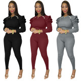 Solid Ruffled Long Sleeve Two Piece Pants Set XMY-9290