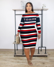 Plus Size 4XL Striped Letter Print Midi Dress OM-1199