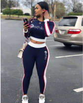 Sports Fitness Casual Letter Printed Long Sleeve  Two Piece Set OLYF-6030