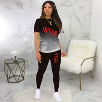 QUEEN Letter Print Gradient T Shirt Pants 2 Piece Sets BLI-2232