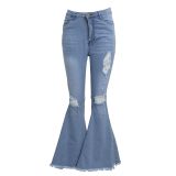 Plus Size Denim High Waist Ripped Hole Flared Jeans HSF-2376
