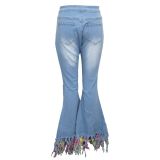 Plus Size Denim Tassel Hole Stretch Flared Jeans HSF-2356