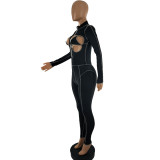 Sexy Hollow Fashion Zipper Long Sleeve Jumpsuit CQF-933