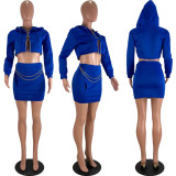 Sexy Chain Decoration Hooded Long Sleeve Mini Skirt Sets BLX-7553