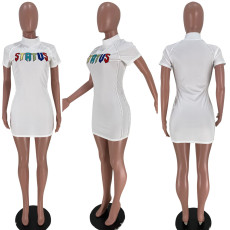 White Short Sleeve Letter Embroidery Mini Dress XSF-6028 
