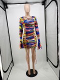 Tie-dye Print Ruched Ruffle Sleeve Sexy Tight Dress APLF-1238