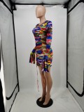 Tie-dye Print Ruched Ruffle Sleeve Sexy Tight Dress APLF-1238