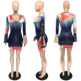 Printed Lotus Leaf Sleeve Fashion Bodycon Dress RUF-8172