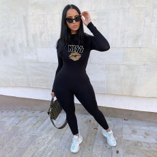 Casual Letter Lips Print Long Sleeve Tight Jumpsuit  YIBF-6035