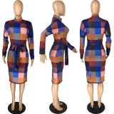 Plaid Print Long Sleeve Split Sashes Knee Length Dress MN-9285