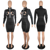 Plus Size Sexy Hollow Out Long Sleeve Slim Mini Dress YIY-5258
