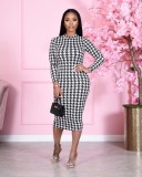 Houndstooth Print Long Sleeve Midi Dress TR-1098